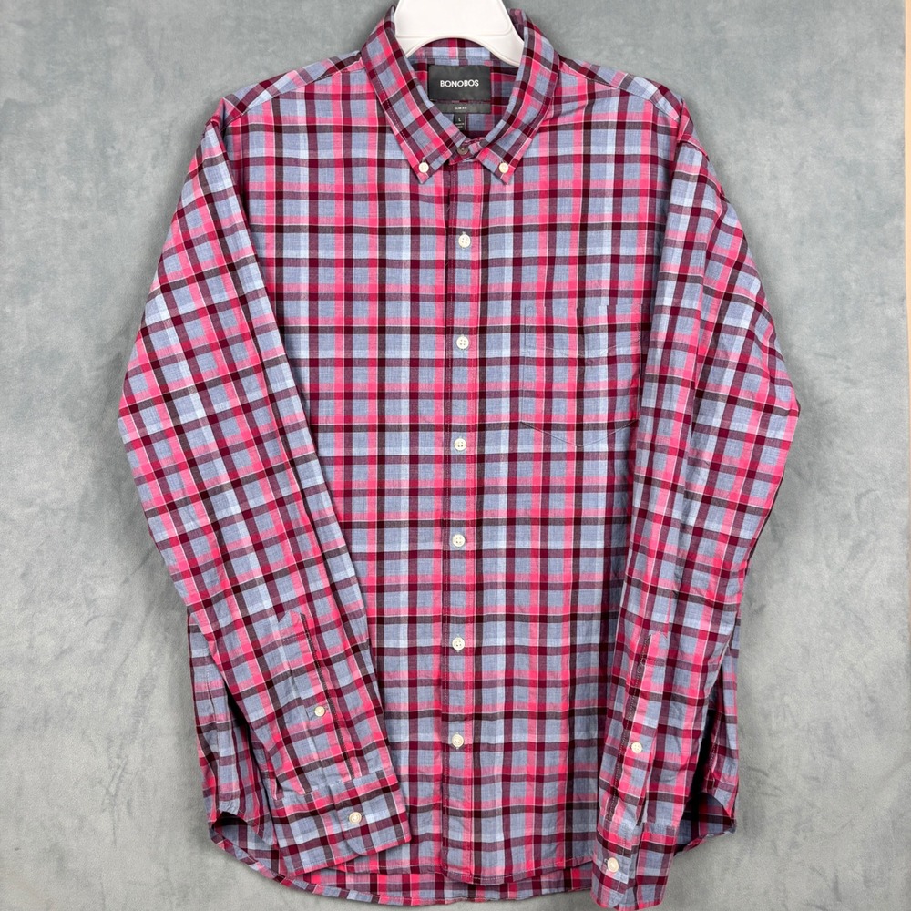 Bonobos Slim Fit Mens Large Plaid Button Down Shirt Pink Purple Blue 21727-PPL86